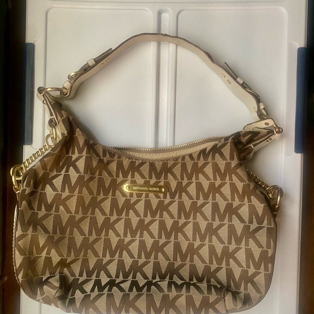 Michael Kors Tan Logo Shoulder Bag with Gold Accents